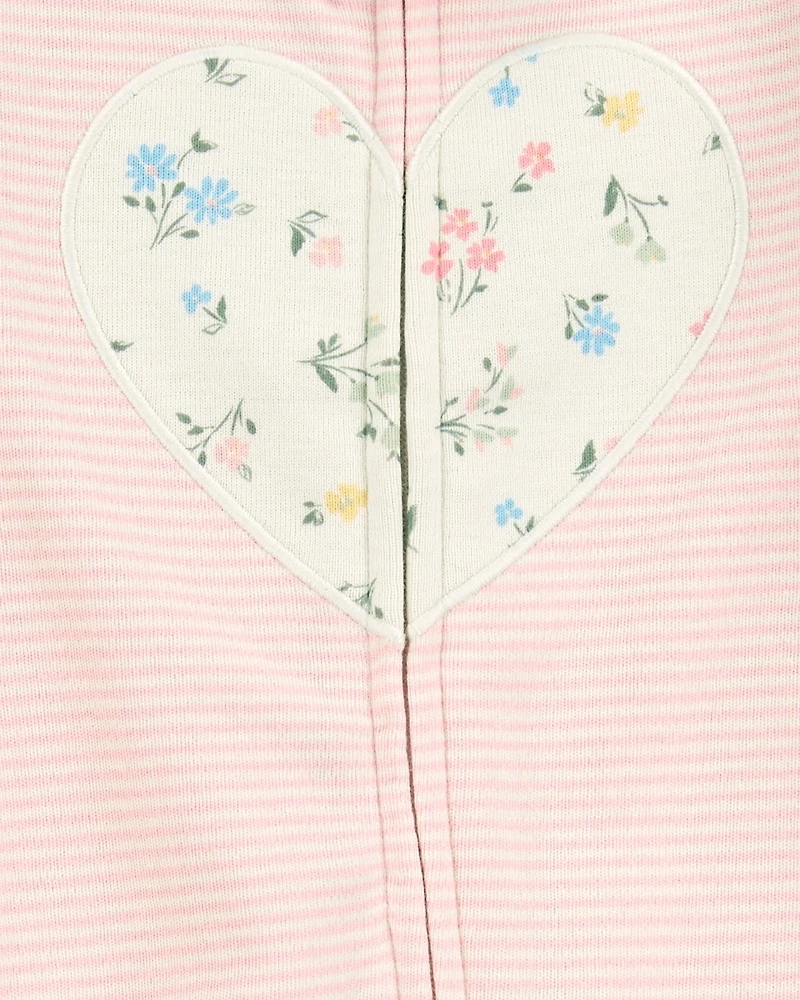 Baby Girl Heart Striped 2-Way Zip Cotton Sleeper Pyjamas - Pink
