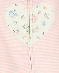 Baby Girl Heart Striped 2-Way Zip Cotton Sleeper Pyjamas - Pink