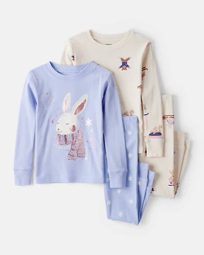 Baby Girl Bunny Winter Print 100% Cotton Long-Sleeve Snug Fit 4-Piece Pyjamas - Blue/White
