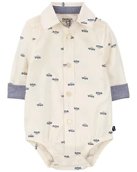 Baby White Truck Print Button-Front Bodysuit
