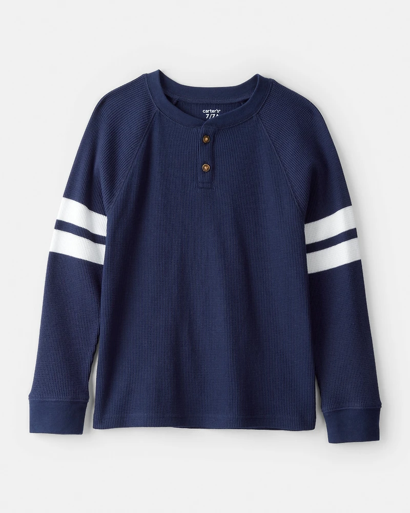 Boys Stripe Thermal Long-Sleeve Henley T-Shirt - Navy