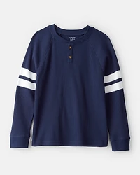 Boys Stripe Thermal Long-Sleeve Henley T-Shirt - Navy