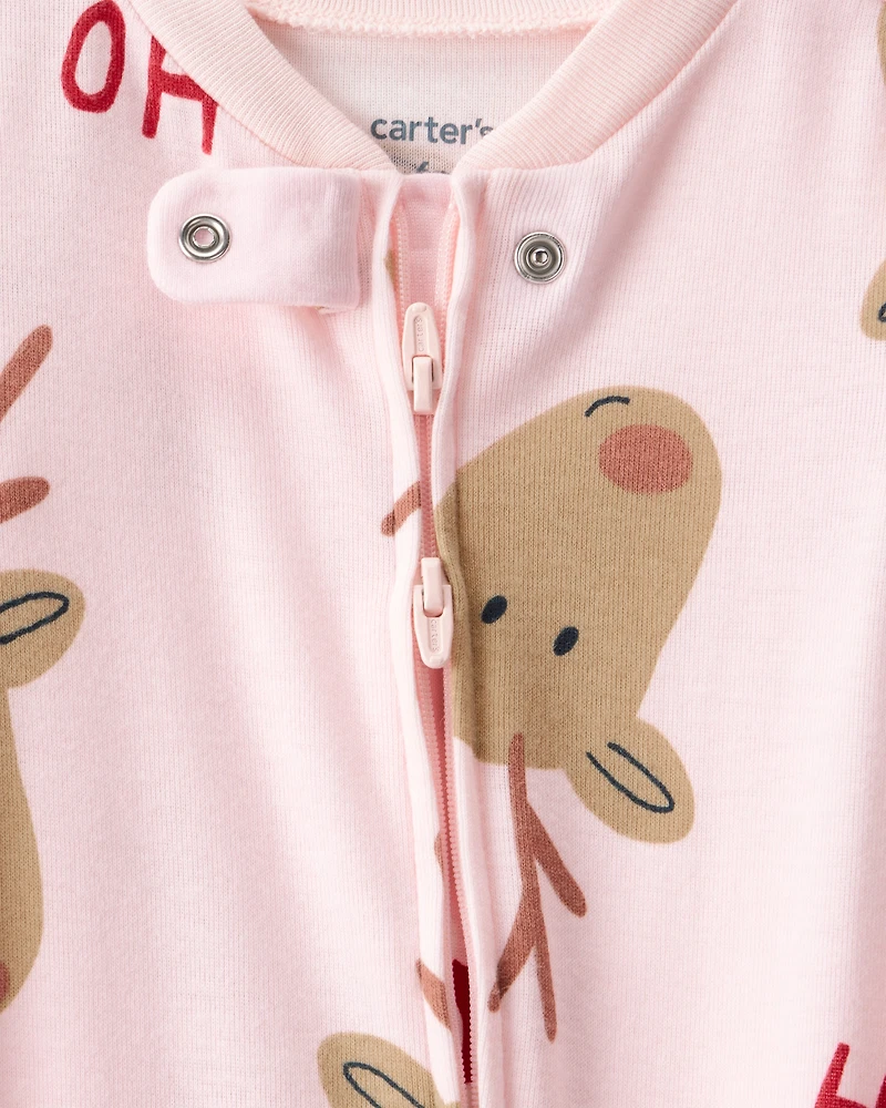 Baby Girl Reindeer 100% Cotton Snug Fit 2-Way Zip Sleeper - Pink