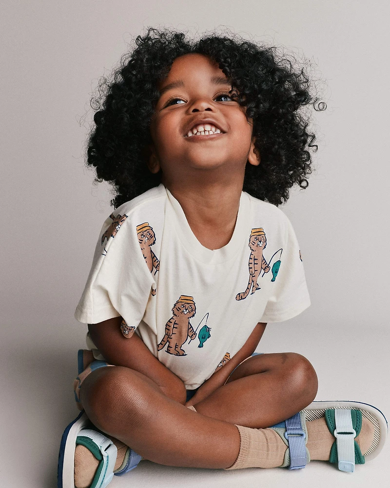 Toddler Dolman Tee Fishing Tiger Print - Cream