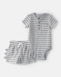 Baby Boy 2-Piece Dino Spikes Striped Thermal Short-Sleeve Bodysuit & Short Set - Grey