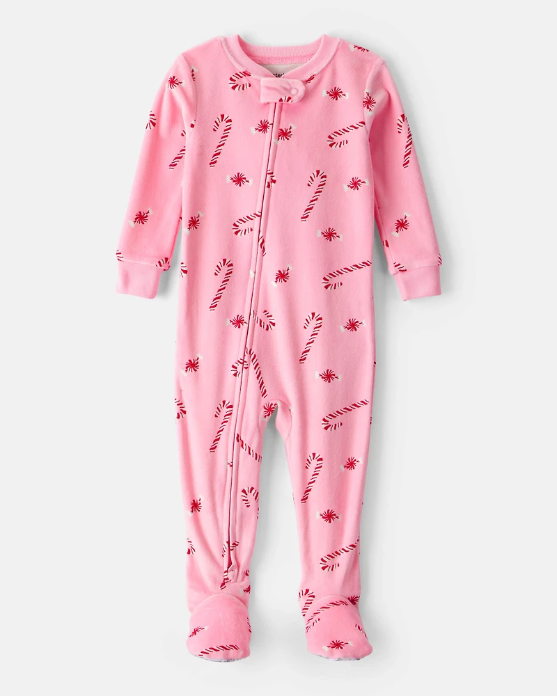 Baby Girl Peppermint Print Velour Long-Sleeve Loose Fit 1-Piece pyjamas - Pink