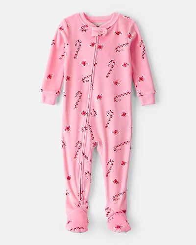Baby Girl Peppermint Print Velour Long-Sleeve Loose Fit 1-Piece pyjamas - Pink