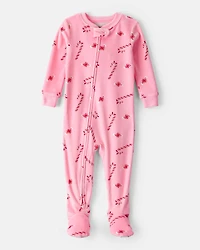 Baby Girl Peppermint Print Velour Long-Sleeve Loose Fit 1-Piece pyjamas - Pink