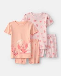 Toddler Girl Seashells 100% Cotton Short-Sleeve Snug Fit 4-Piece pyjama Set - Pink/Orange