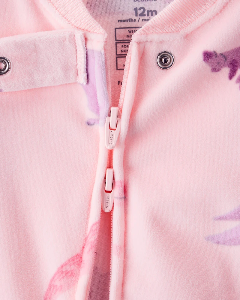 Baby Girl Dinosaur Print DreamPlush Snug Fit Long-Sleeve 2-Way Zip 1-Piece Pyjamas - Pink