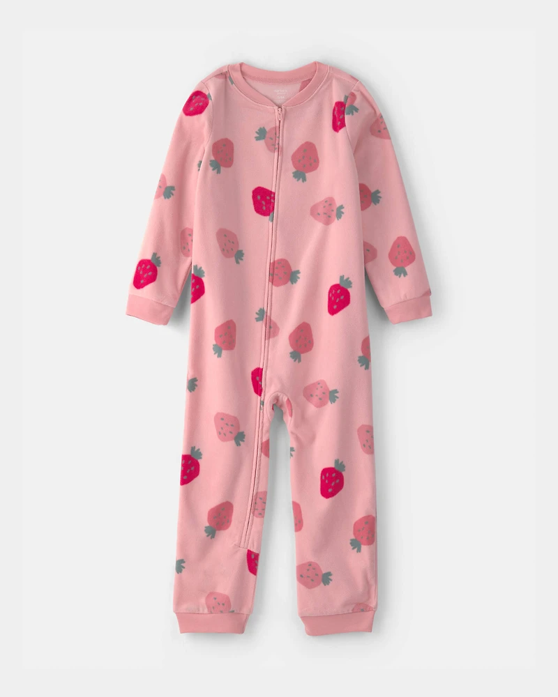 Girls Strawberry Fleece Long-Sleeve 1-Piece Pyjamas - Pink