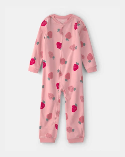 Girls Strawberry Fleece Long-Sleeve 1-Piece Pyjamas - Pink