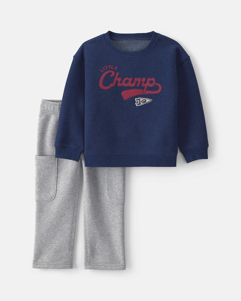 Baby Boy 2-Piece 'Little Champ' Football Fleece Long-Sleeve Top & Pant Set – Navy Blue/Grey