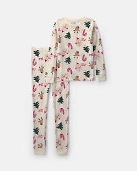 Kids 2-Piece Christmas Holiday Icon 100% Cotton Snug Fit Pyjama Set - Cream