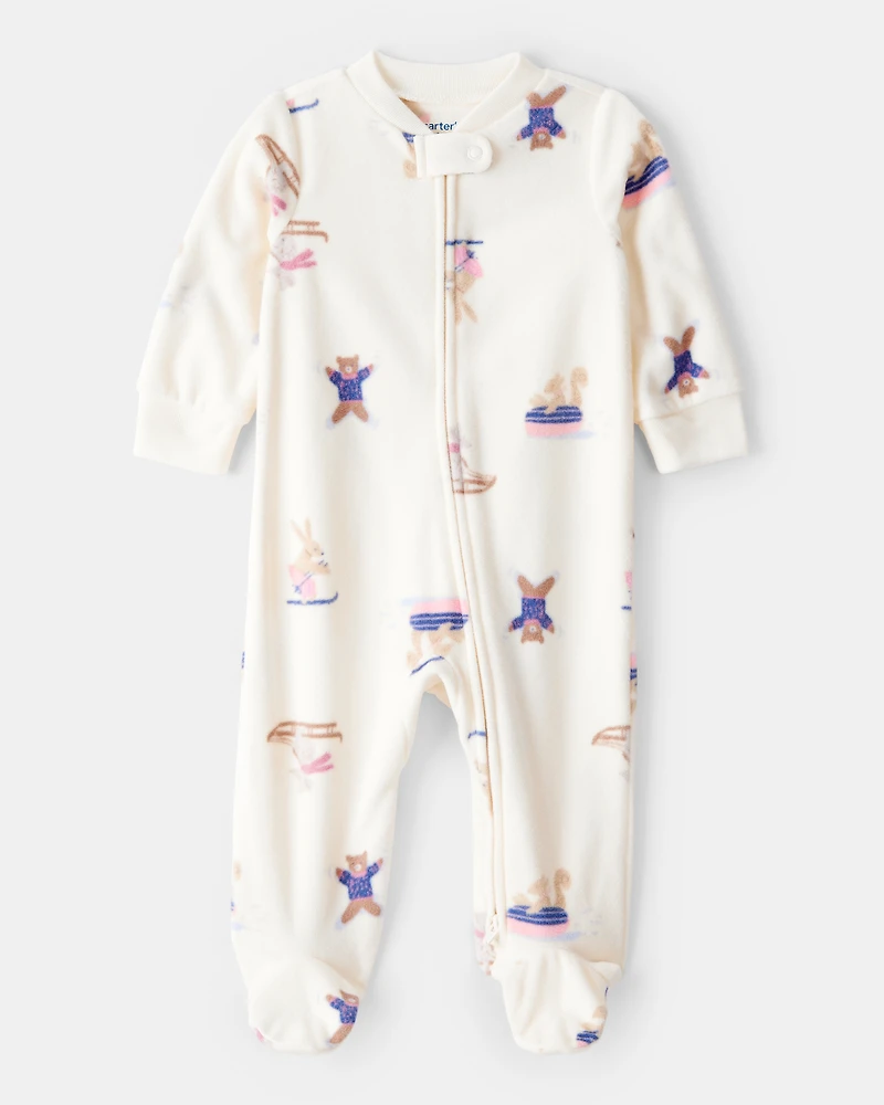 Baby Girl Animal Ski Print Loose Fit Long-Sleeve Sleeper - Cream