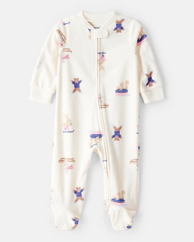 Baby Girl Animal Ski Print Loose Fit Long-Sleeve Sleeper - Cream