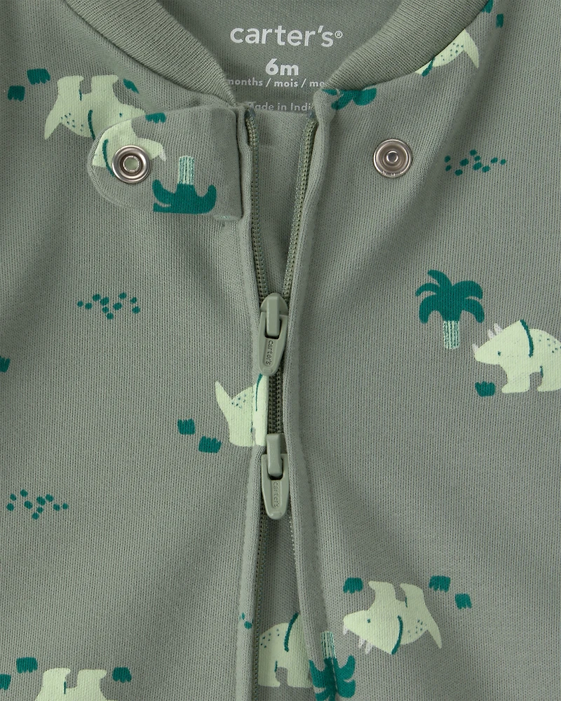 Baby Boy Dinosaur 2-Way Zip 100% Cotton Sleeper - Green