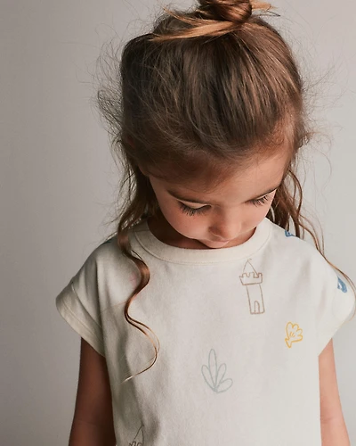 Toddler Girl Boxy Tee Sandcastle Print - Cream