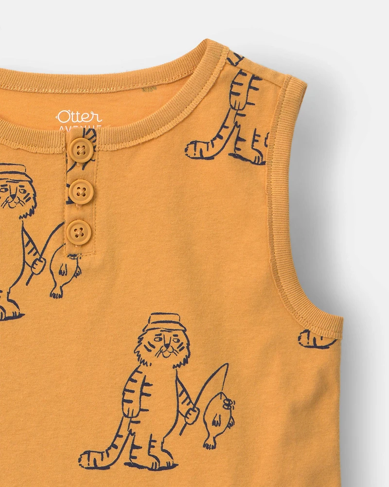 Toddler Boy Henley Tank Fishing Tiger Print - Mustard Yellow