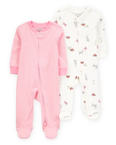 Baby Girl 2-Pack Print 2-Way Zip Cotton Sleeper Pyjamas - Pink