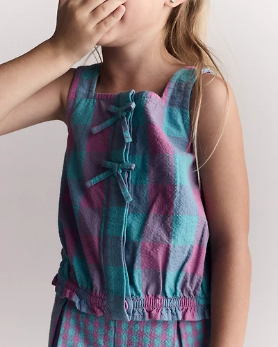 Toddler Girl Gingham Peplum Top with Bows - Purple/Blue