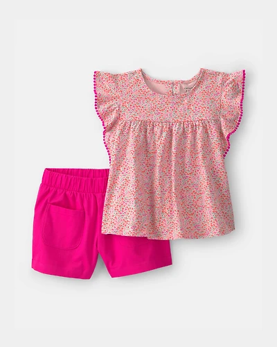 Girls 2-Piece Ruffle-Sleeve Top & Short Set - Pink