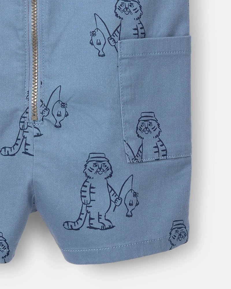 Toddler Romper with Otter Pockets Fishing Tiger Print - Slate