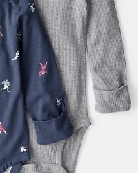Baby Boy 2-Piece Football Print PurelySoft Long-Sleeve Multipack Bodysuits - Navy/Grey
