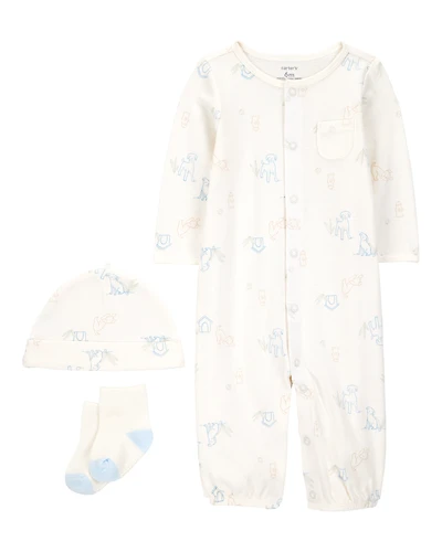 Baby Girl 3-Piece Puppy Converter Gown & Cap Set - Ivory