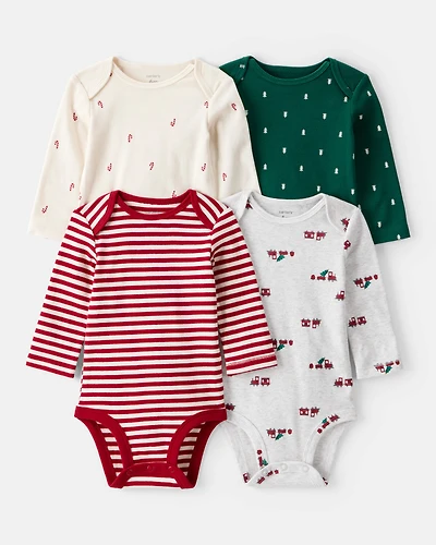 Baby Boy 4-Pack Christmas Print Long-Sleeve Multipack Bodysuits - White/Green