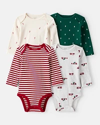 Baby Boy 4-Pack Christmas Print Long-Sleeve Multipack Bodysuits - White/Green