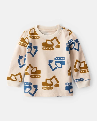 Baby Boy Construction Print Long-Sleeve Graphic Tee - Beige