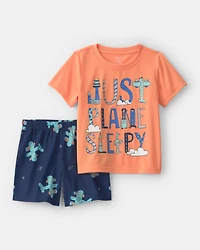 Toddler Boy Airplane Short-Sleeve Loose Fit 2-Piece Pyjama Set - Orange/Blue