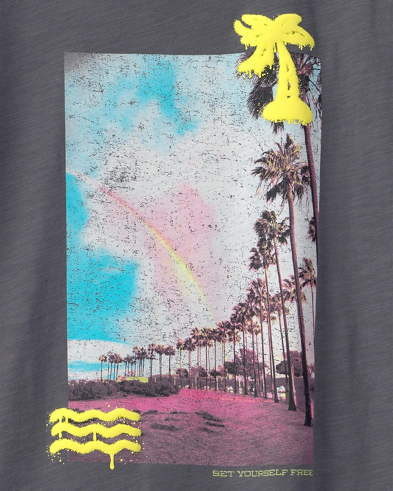 Boys Beachside Palm Tree Graphic Tee - Grey