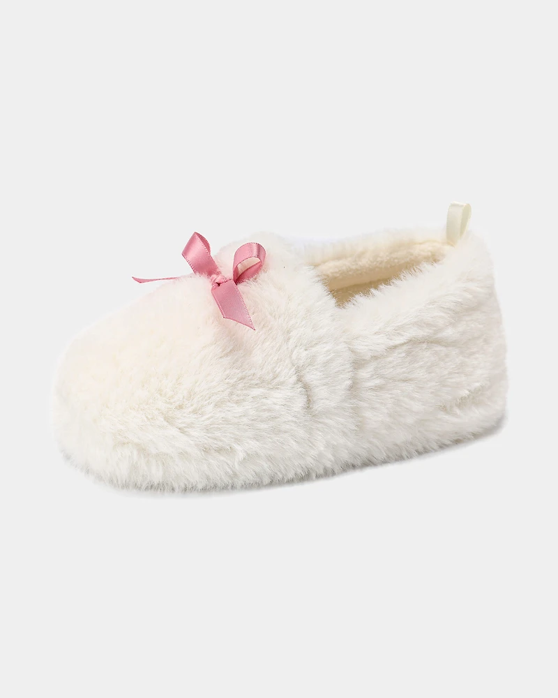 Girls Fuzzy Bow Slippers - Cream/Pink