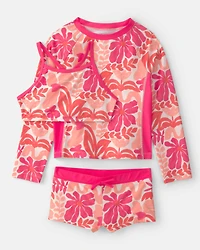 Girls 3-Piece Floral Long-Sleeve Rashguard Swimsuit Set - Pink/Orange