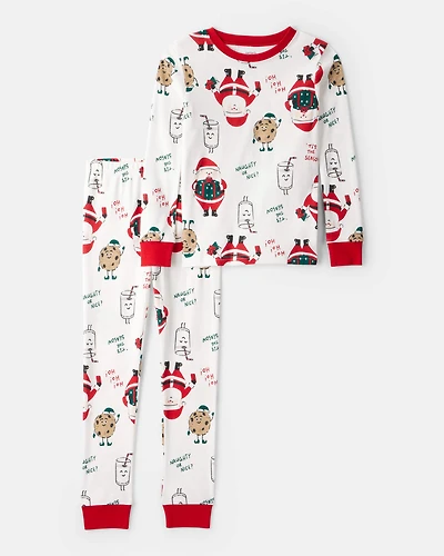 Kid Christmas Santa Print 100% Cotton Long-Sleeve Snug Fit 2-Piece pyjamas - White