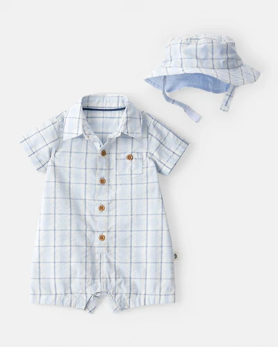 Baby Boy 2-PC Plaid Romper & Hat Set - Blue