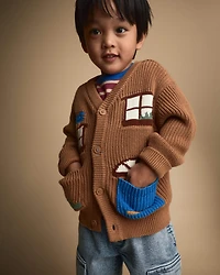 Toddler Cardigan with Avenue Pockets House Print - Brown