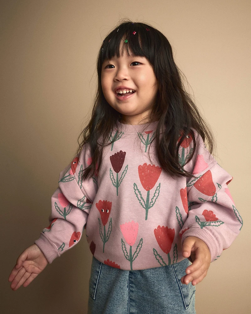Toddler Girl Double Layer Pullover Sweatshirt Tulip Print - Mauve