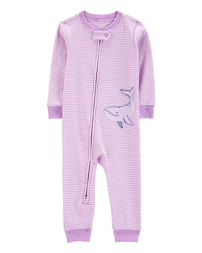 Baby Girl Whale Striped Snug Fit Cotton Footless 1-Piece Pyjamas - Purple