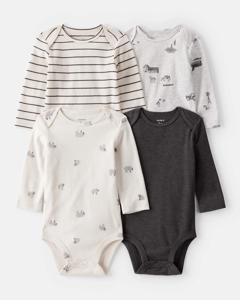 Baby Boy 4-Pack Sheep Print Long-Sleeve Multipack Bodysuits - White