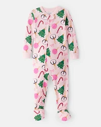 Baby Girl Christmas Ornament Print 100% Cotton Long-Sleeve 2-Way Zip 1-Piece Pyjamas - Pink