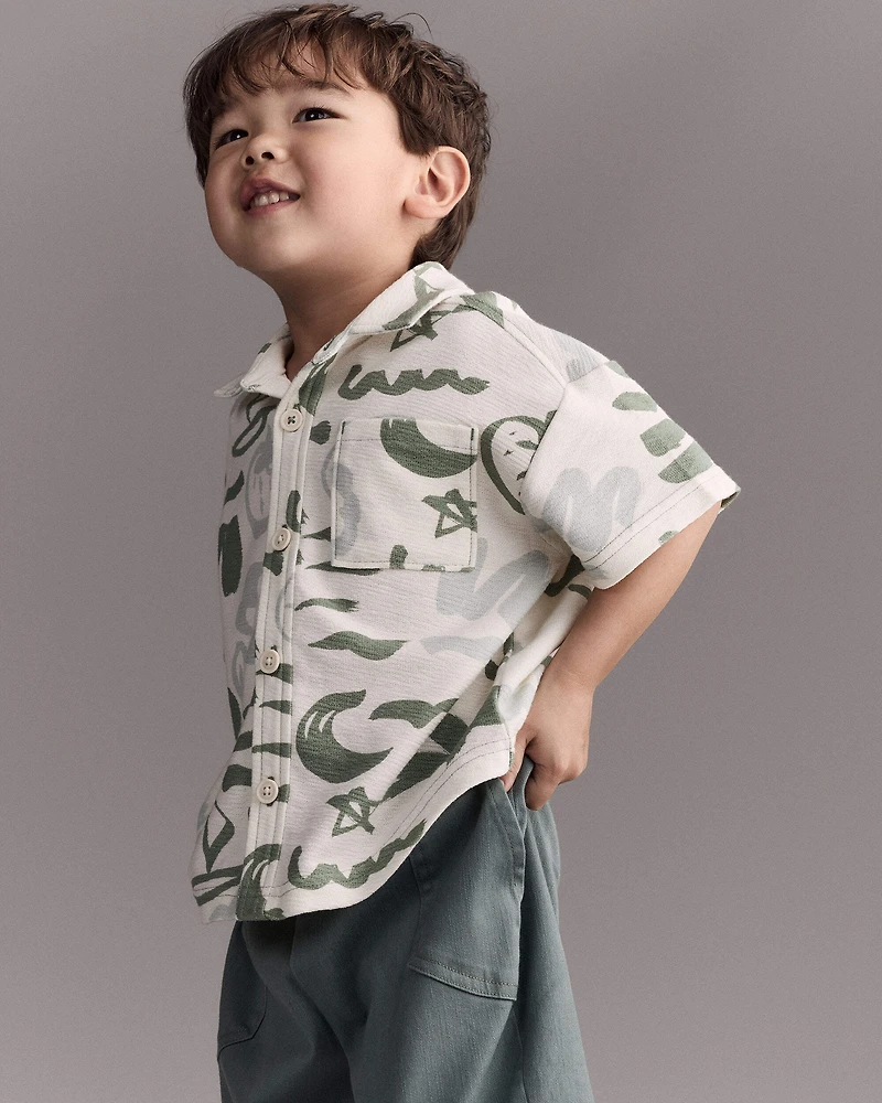 Toddler Boy Button-Down Short Sleeve Shirt Sailboat Print - Cream