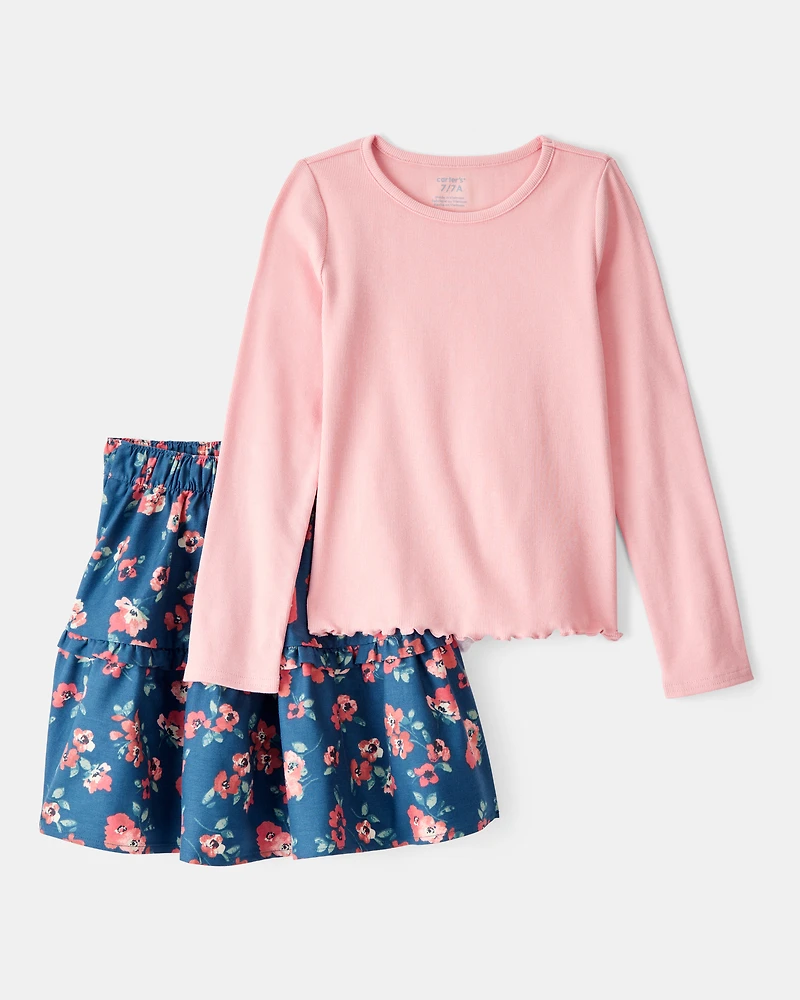 Girls 2-Piece Floral Print Long-Sleeve Top & Skirt Set