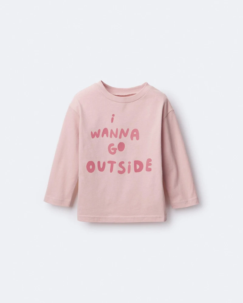 Toddler Girl I Wanna Go Outside Long-Sleeve Relaxed Graphic Tee - Light Pink