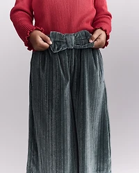 Toddler Girl Velvety Wide-Leg Pant with Bow - Dark Green