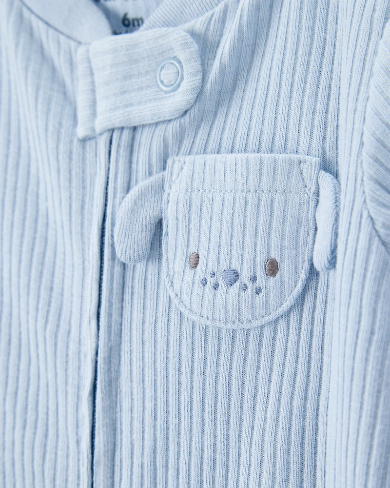 Baby Boy Dog Pocket 2-Way Zip Ribbed Sleeper pyjamas - Blue
