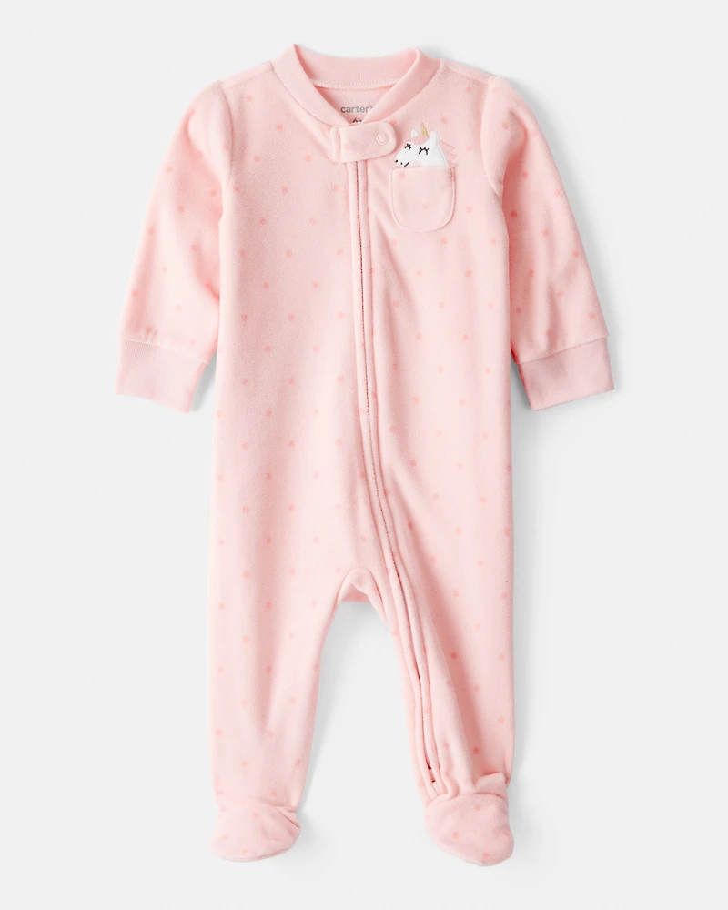 Baby Girl Unicorn Print Loose Fit Long-Sleeve Sleeper - Pink