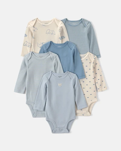 Baby Boy 6-Pack Bear Long-Sleeve Bodysuits - Blue/White